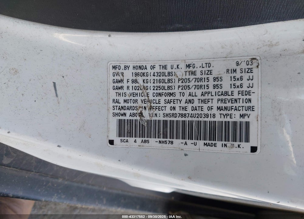 2004 HONDA CR-V EX VIN: SHSRD78874U203918