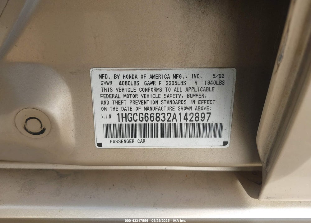 2002 HONDA ACCORD 2.3 EX/2.3 SE VIN: 1HGCG66832A142897
