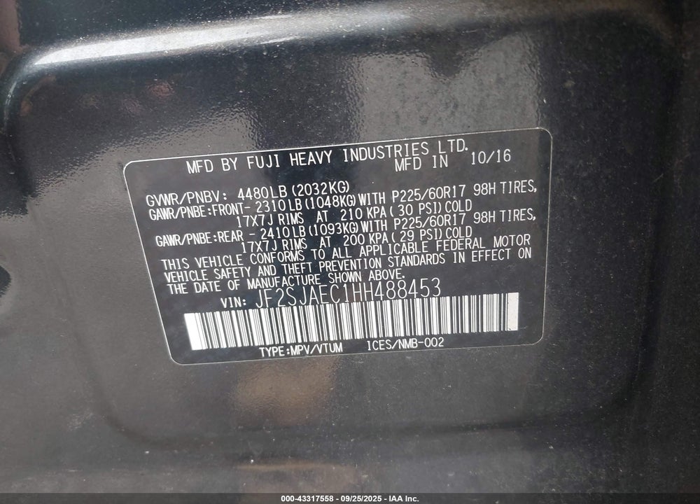 2017 SUBARU FORESTER 2.5I PREMIUM VIN: JF2SJAEC1HH488453