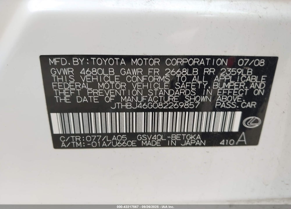 2008 LEXUS ES 350 VIN: JTHBJ46G082269857