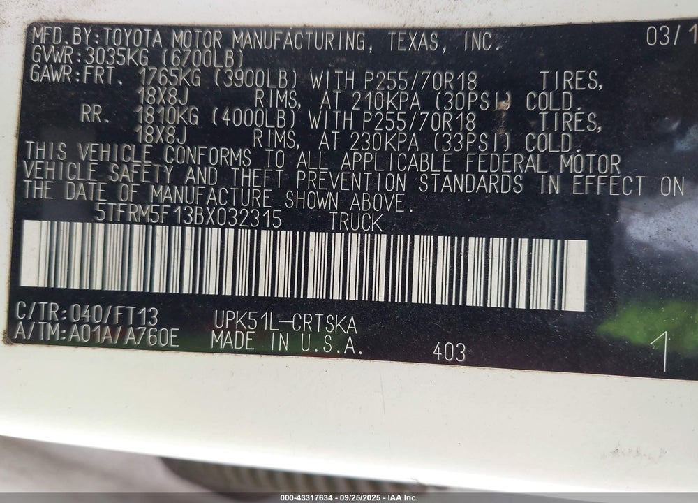 2011 TOYOTA TUNDRA GRADE 4.6L V8 VIN: 5TFRM5F13BX032315