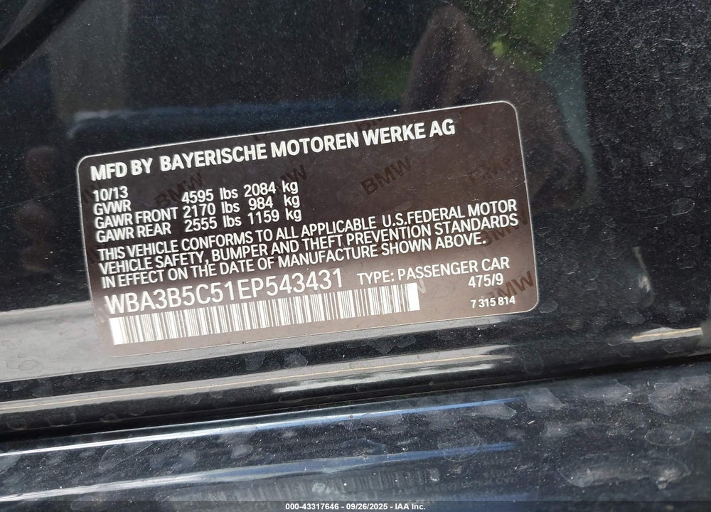 2014 BMW 3 SERIES VIN: WBA3B5C51EP543431