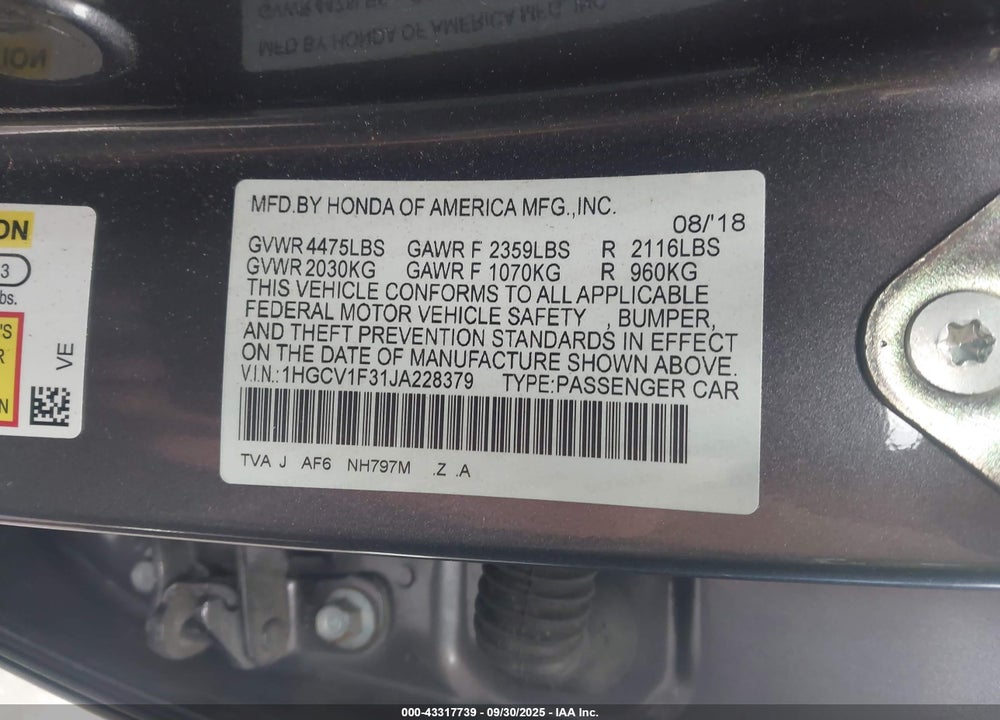 2018 HONDA ACCORD SPORT VIN: 1HGCV1F31JA228379