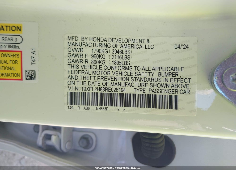 2024 HONDA CIVIC VIN: 19XFL2H88RE026194
