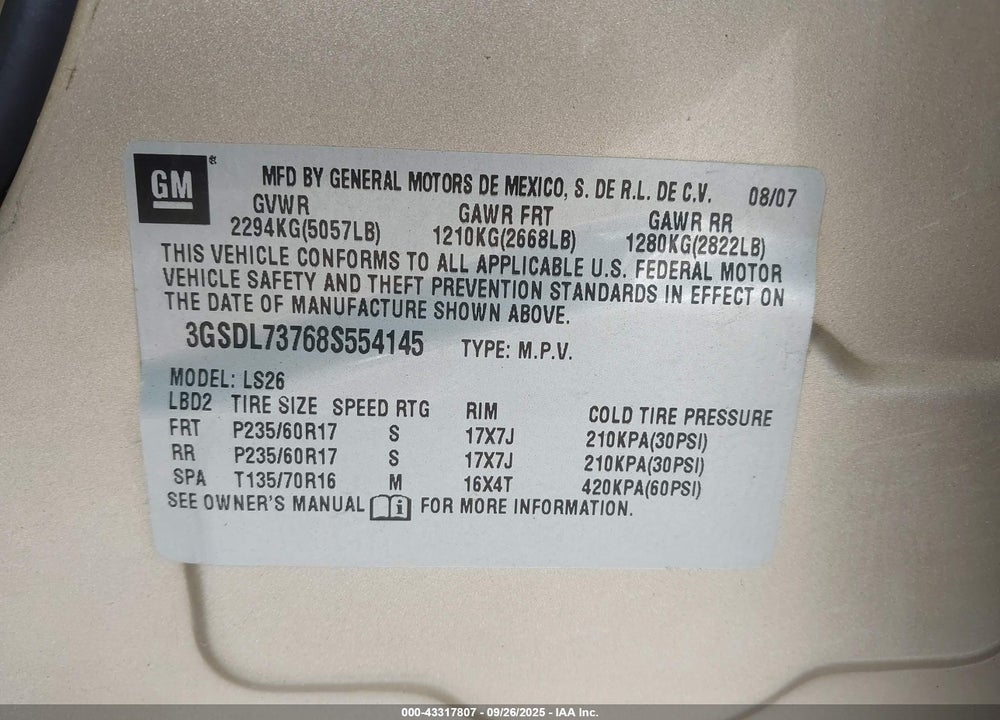 2008 SATURN VUE VIN: 3GSDL73768S554145