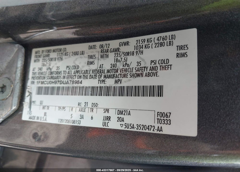 2013 FORD ESCAPE VIN: 1FMCU0H97DUA78984