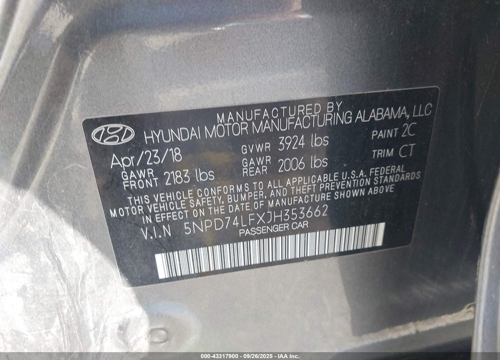 2018 HYUNDAI ELANTRA SE VIN: 5NPD74LFXJH353662