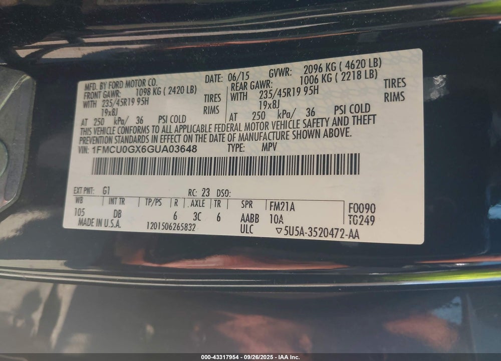 2016 FORD ESCAPE VIN: 1FMCU0GX6GUA03648