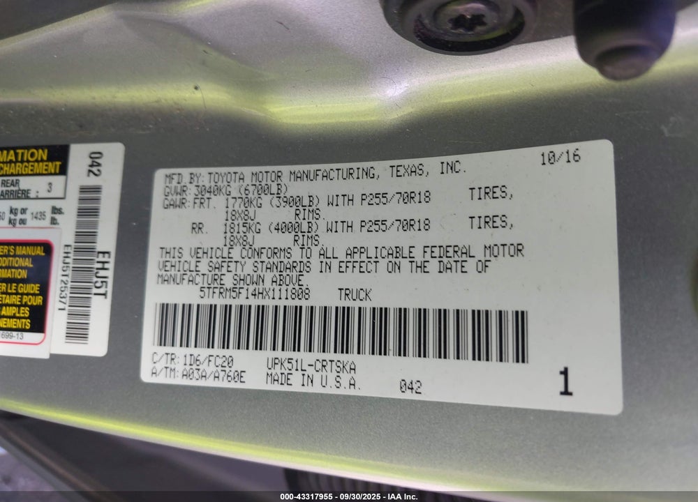2017 TOYOTA TUNDRA SR5 4.6L V8 VIN: 5TFRM5F14HX111808