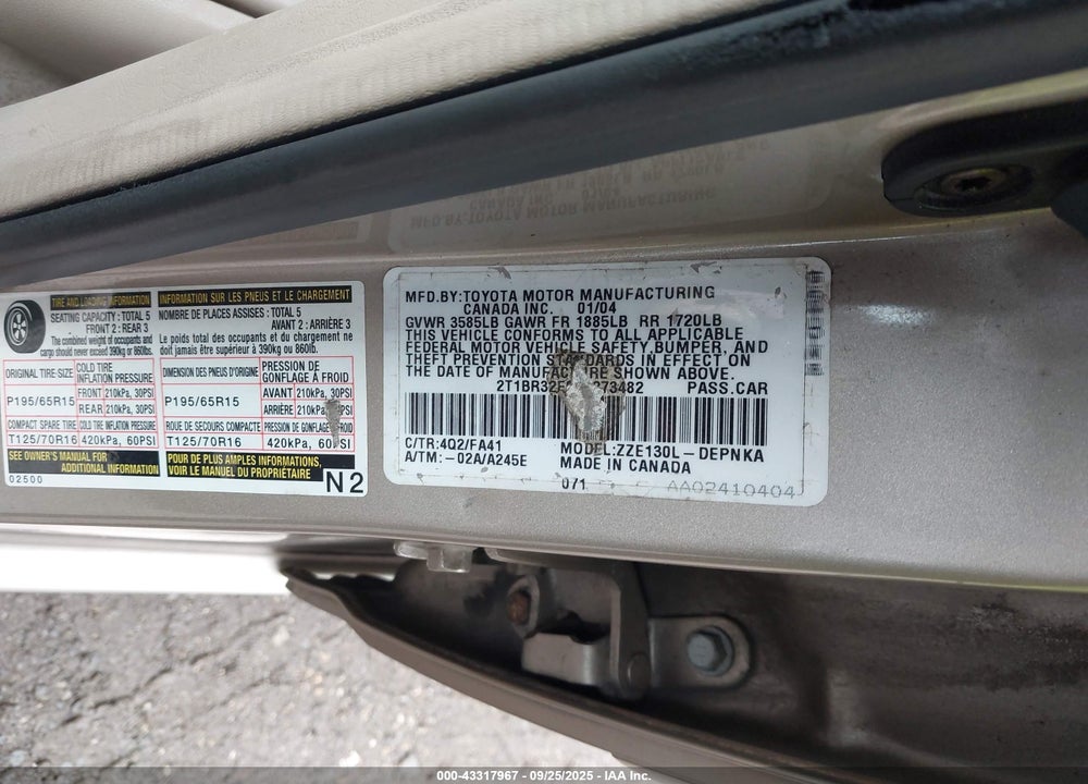 2004 TOYOTA COROLLA LE VIN: 2T1BR32E84C273482