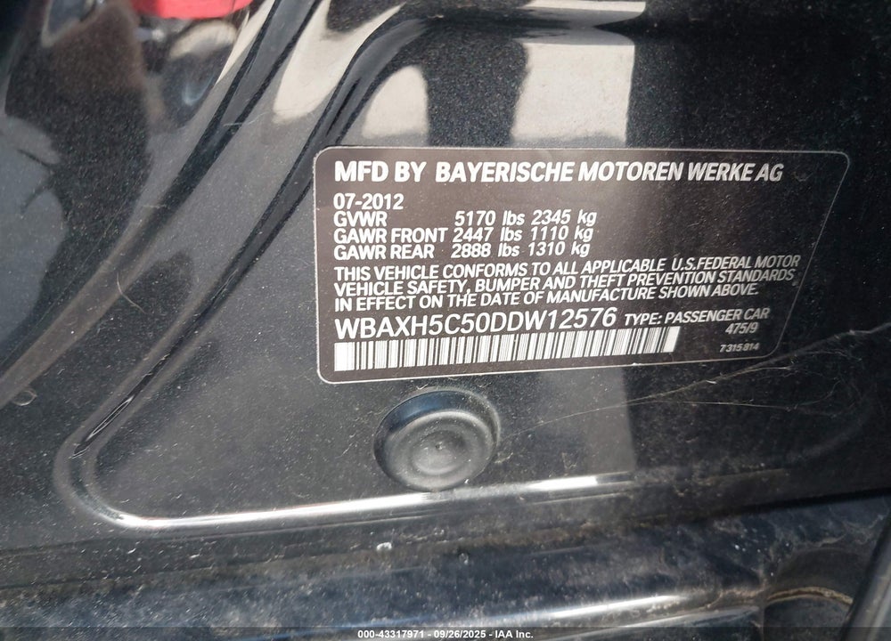 2013 BMW 5 SERIES VIN: WBAXH5C50DDW12576