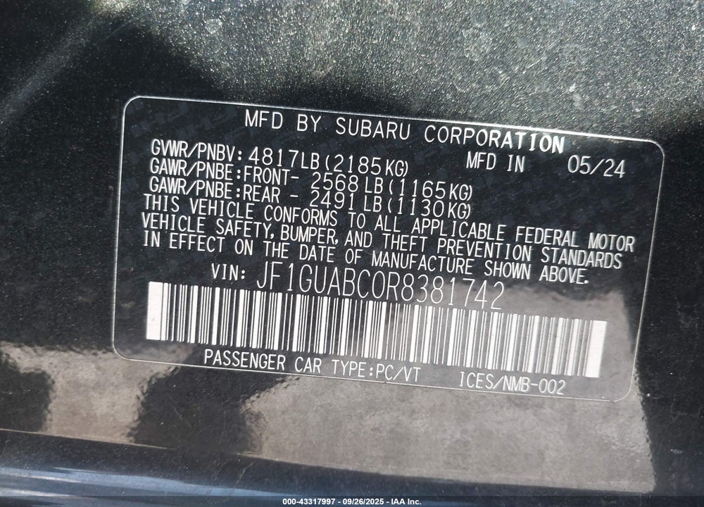 2024 SUBARU IMPREZA BASE 5-DOOR VIN: JF1GUABC0R8381742