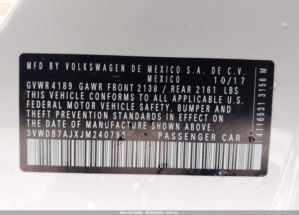 2018 VOLKSWAGEN JETTA VIN: 3VWDB7AJXJM240793