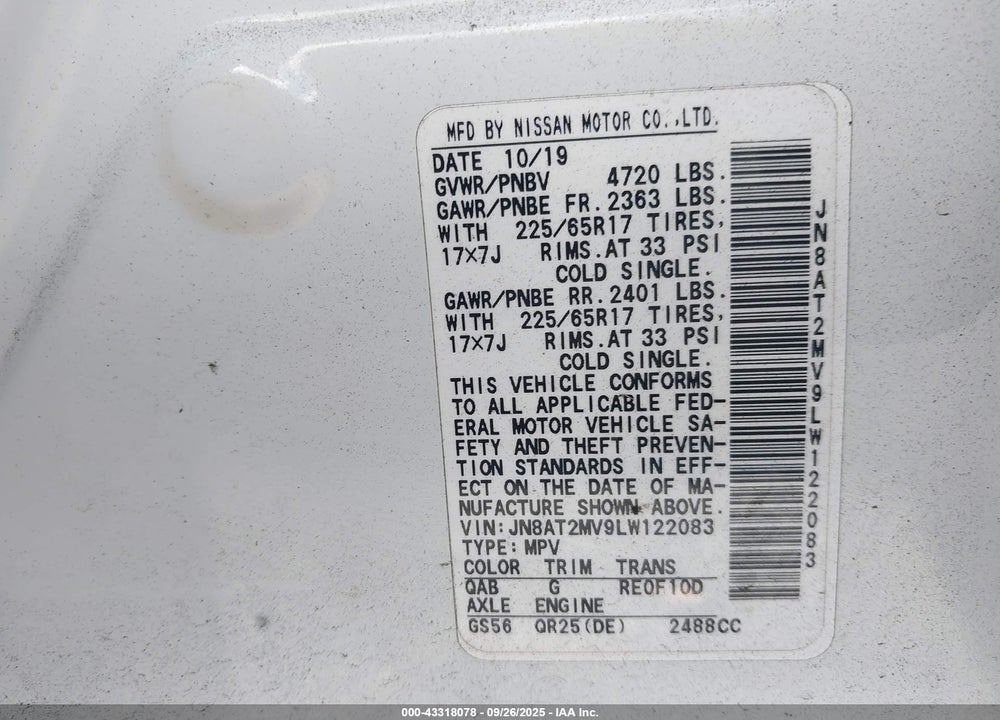 2020 NISSAN ROGUE VIN: JN8AT2MV9LW122083