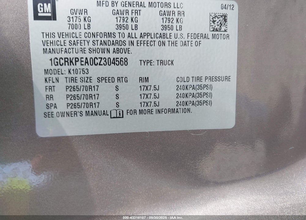 2012 CHEVROLET SILVERADO 1500 WORK TRUCK VIN: 1GCRKPEA0CZ304568