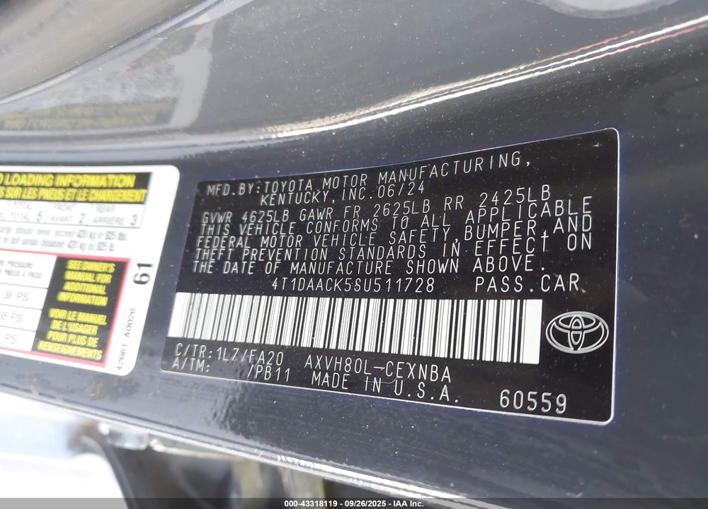 2025 TOYOTA CAMRY VIN: 4T1DAACK5SU511728