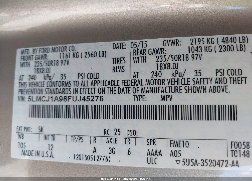 2015 LINCOLN MKC VIN: 5LMCJ1A98FUJ45276
