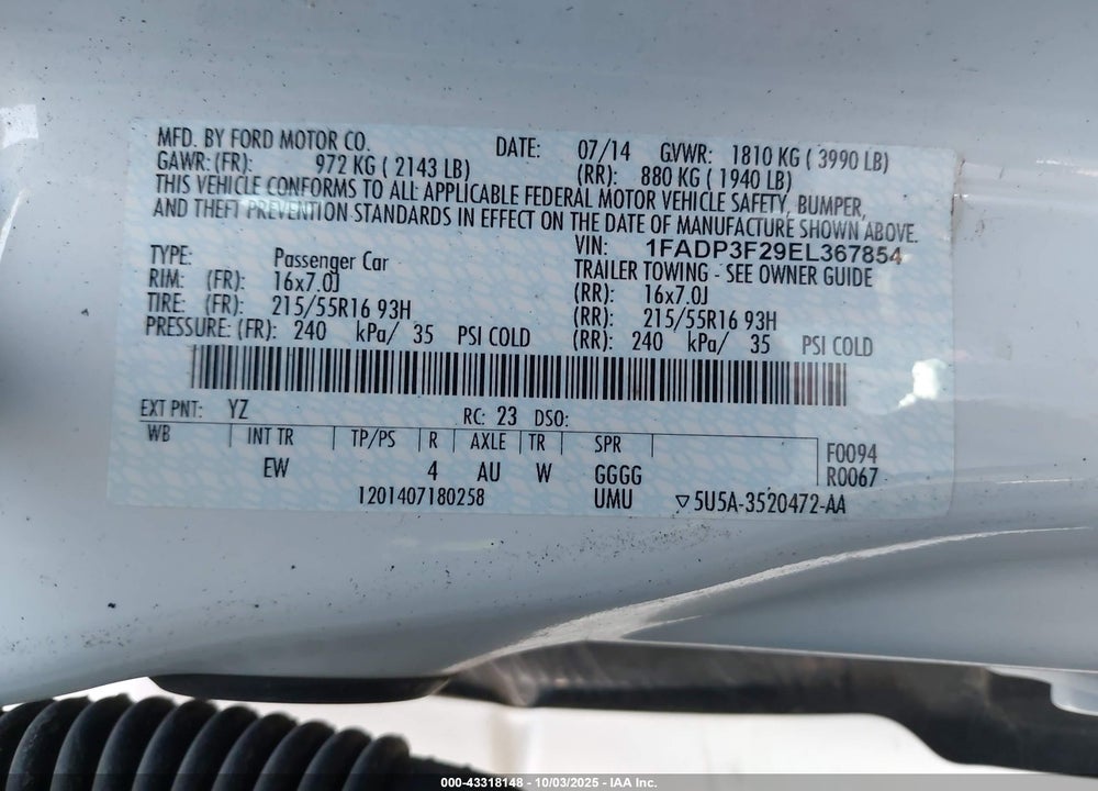 2014 FORD FOCUS VIN: 1FADP3F29EL367854