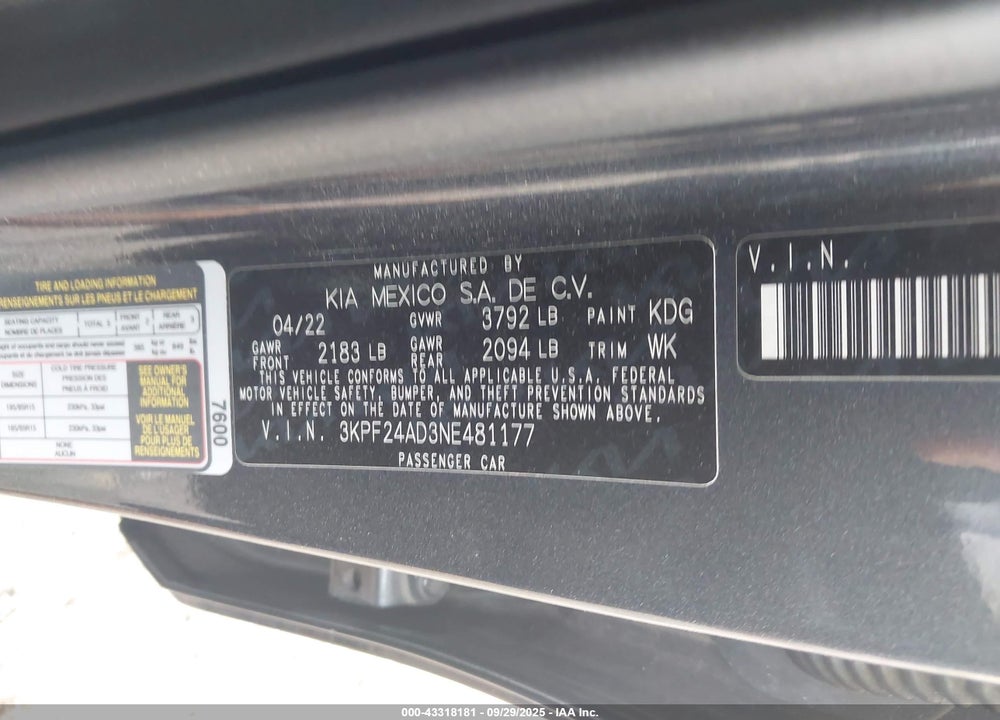 2022 KIA FORTE FE VIN: 3KPF24AD3NE481177