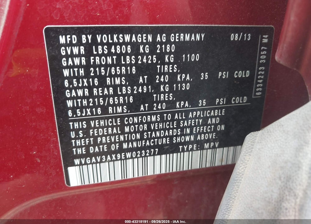 2014 VOLKSWAGEN TIGUAN S VIN: WVGAV3AX9EW023277