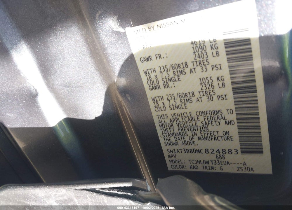 2021 NISSAN ROGUE VIN: 5N1AT3BB0MC824883