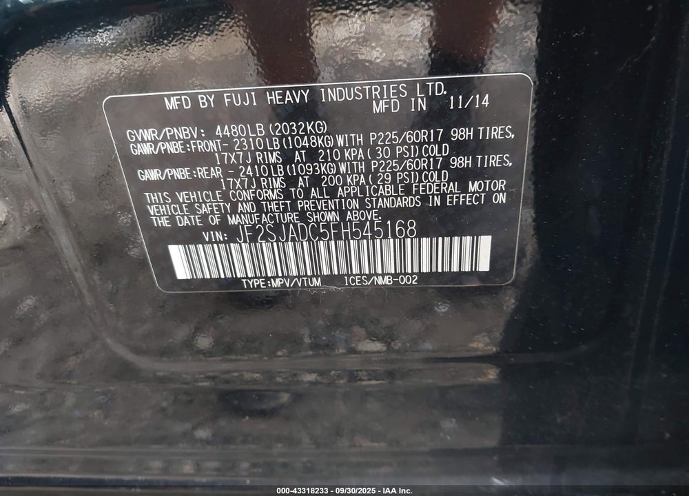 2015 SUBARU FORESTER VIN: JF2SJADC5FH545168
