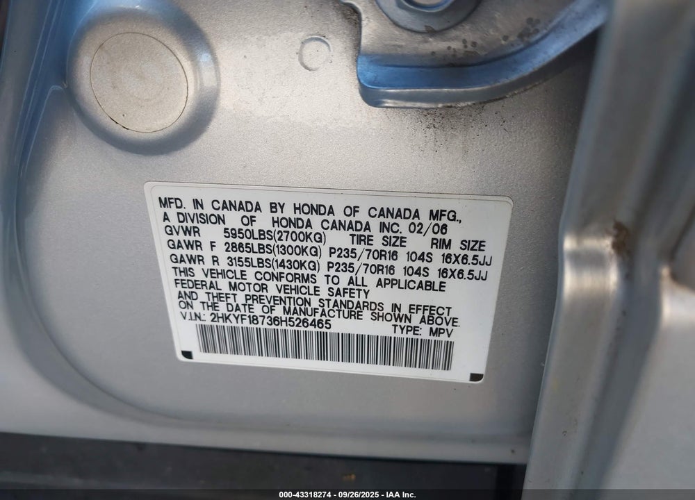 2006 HONDA PILOT VIN: 2HKYF18736H526465