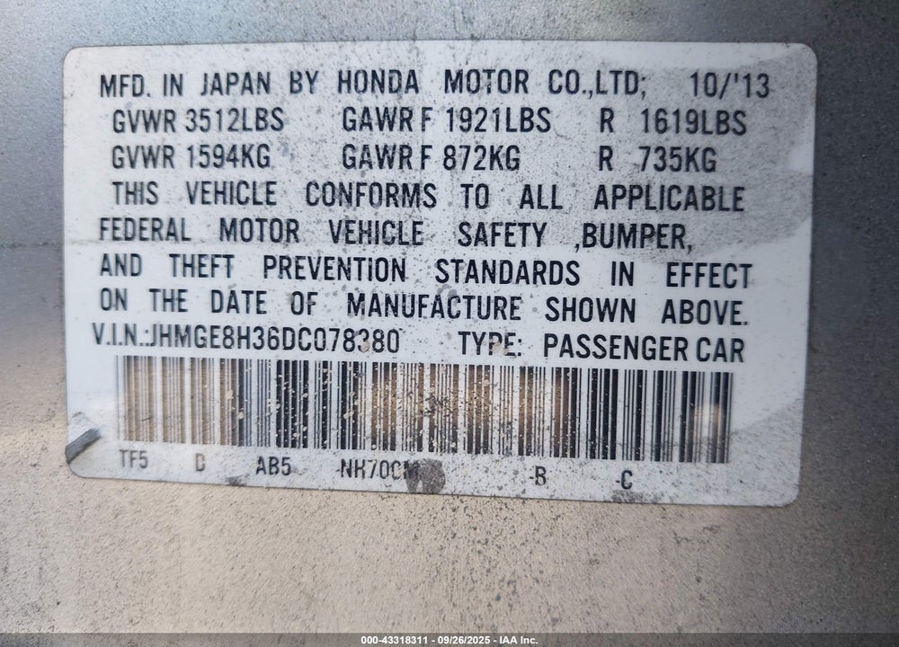 2013 HONDA FIT VIN: JHMGE8H36DC078380