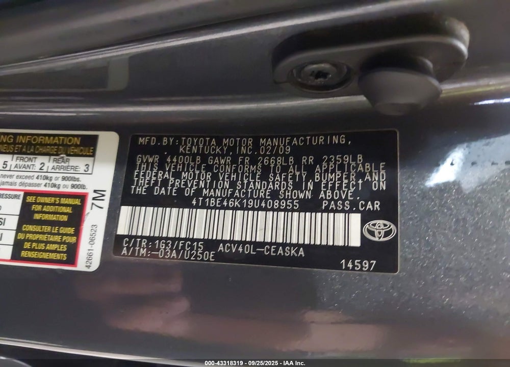 2009 TOYOTA CAMRY VIN: 4T1BE46K19U408955