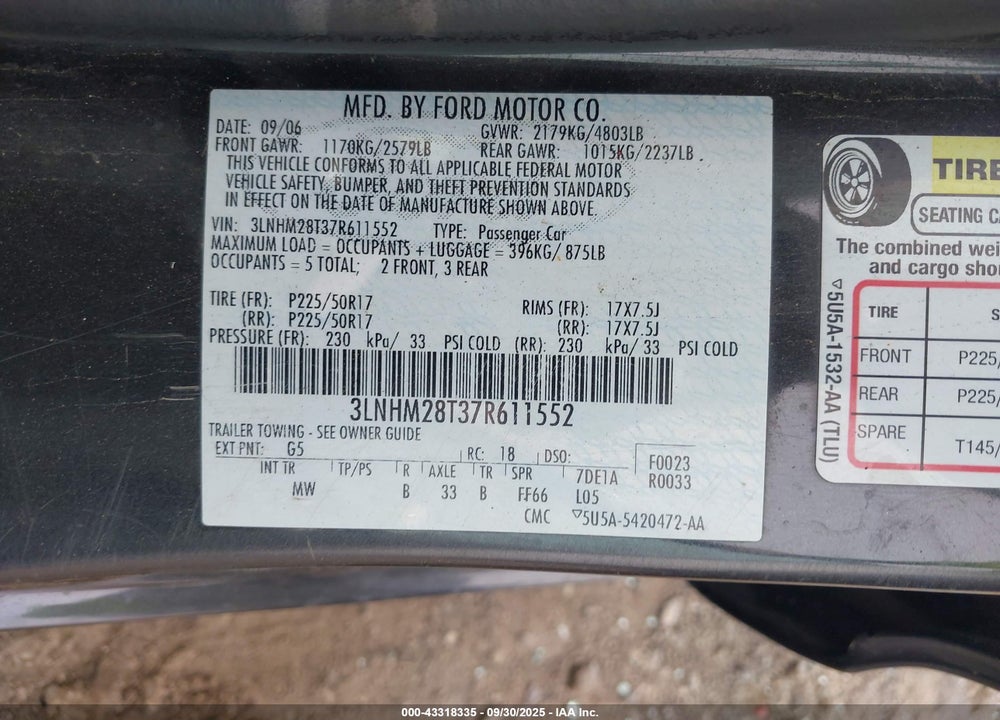 2007 LINCOLN MKZ VIN: 3LNHM28T37R611552