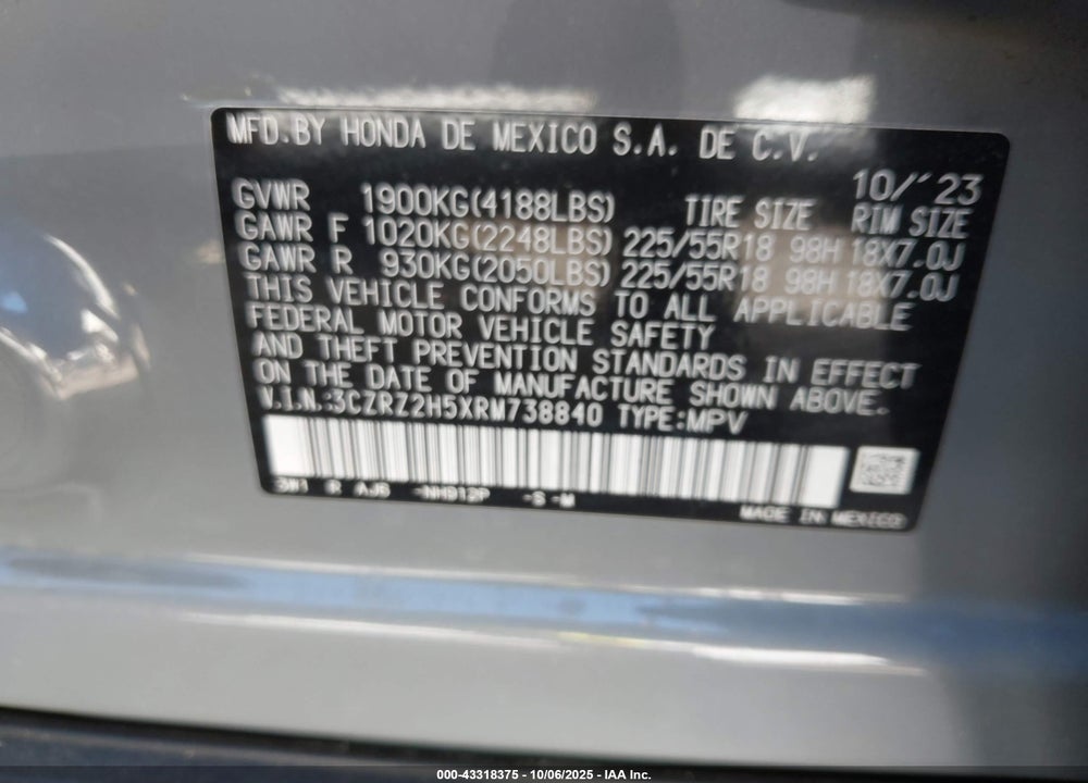 2024 HONDA HR-V AWD SPORT/AWD SPORT W/O BSI VIN: 3CZRZ2H5XRM738840