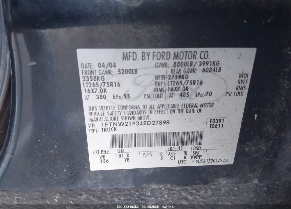 2004 FORD F-250 LARIAT/XL/XLT VIN: 1FTNW21P34ED27898