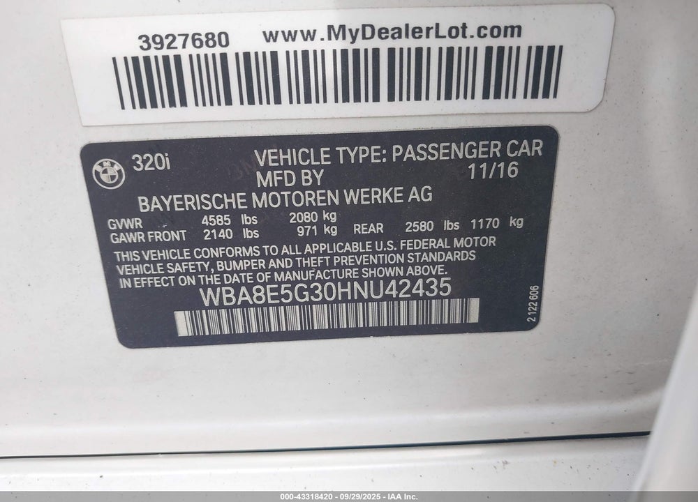 2017 BMW 3 SERIES VIN: WBA8E5G30HNU42435