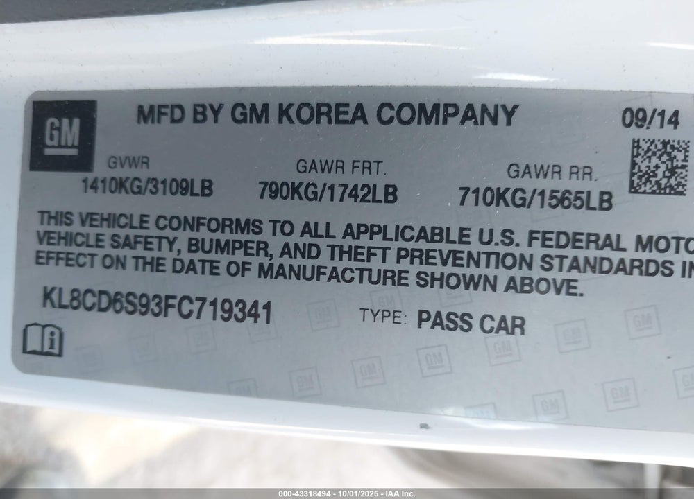 2015 CHEVROLET SPARK 1LT CVT VIN: KL8CD6S93FC719341
