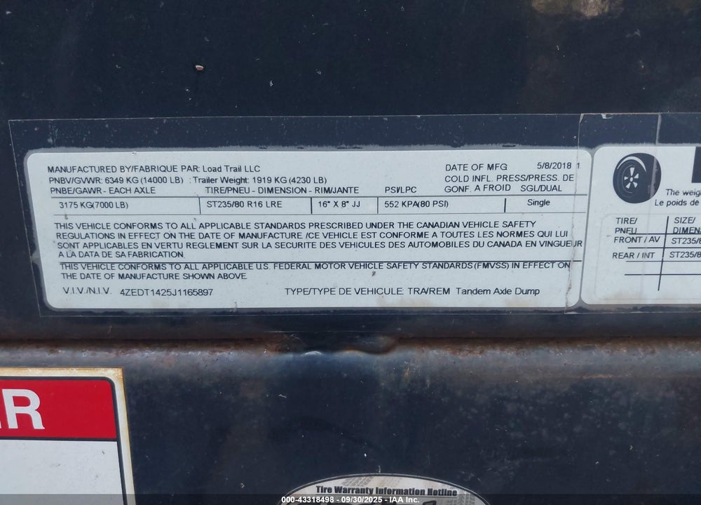 2018 LOAD KING DUMP TRLR VIN: 4ZEDT1425J1165897
