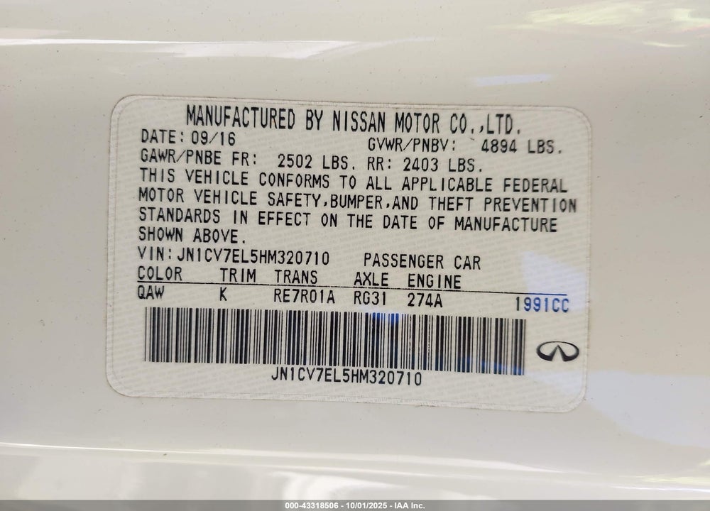 2017 INFINITI Q60 2.0T PREMIUM VIN: JN1CV7EL5HM320710