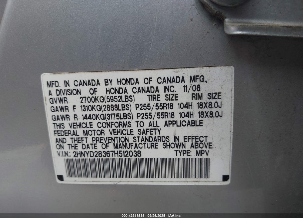 2007 ACURA MDX TECHNOLOGY PACKAGE VIN: 2HNYD28367H512038