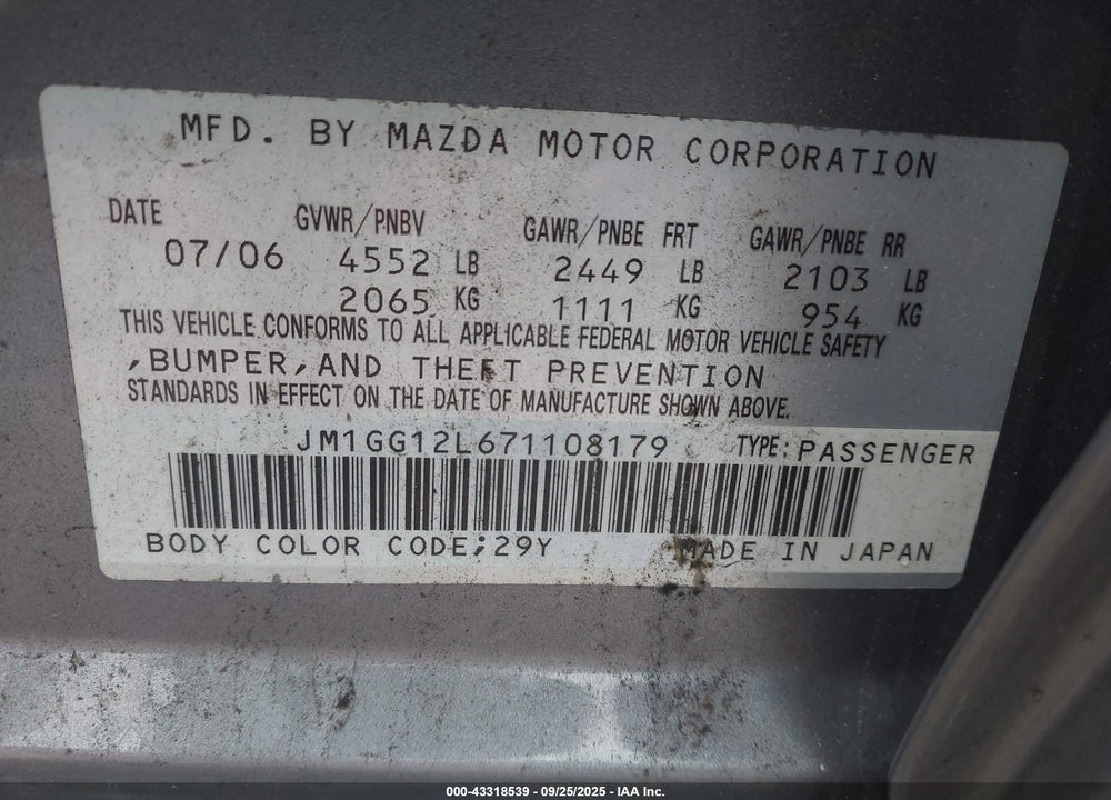 2007 MAZDA 6 VIN: JM1GG12L671108179