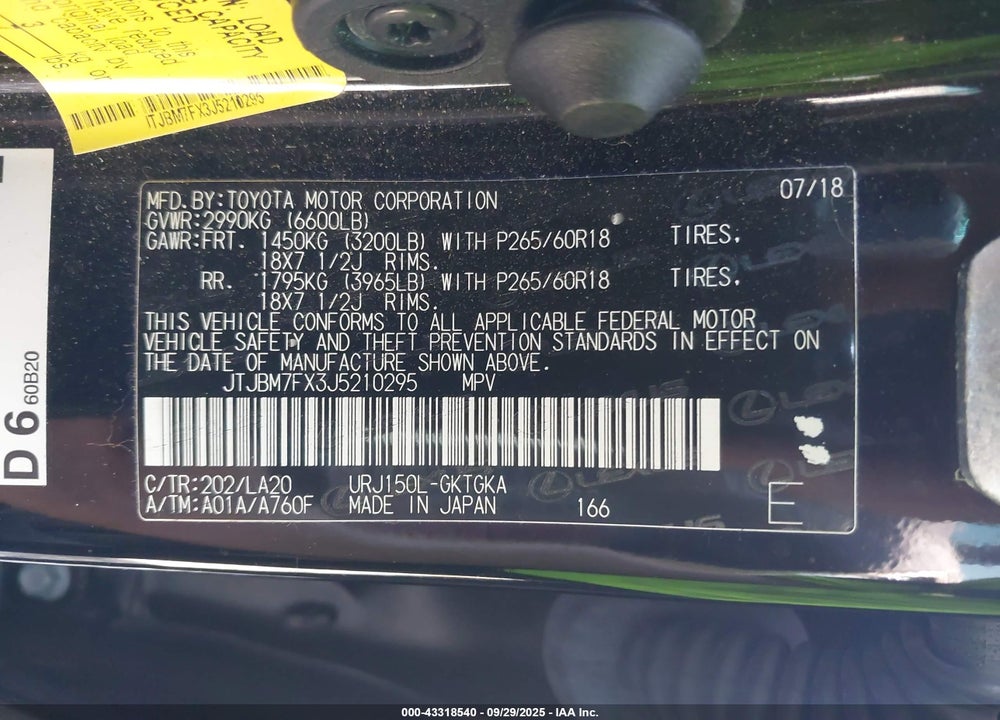 2018 LEXUS GX 460 VIN: JTJBM7FX3J5210295