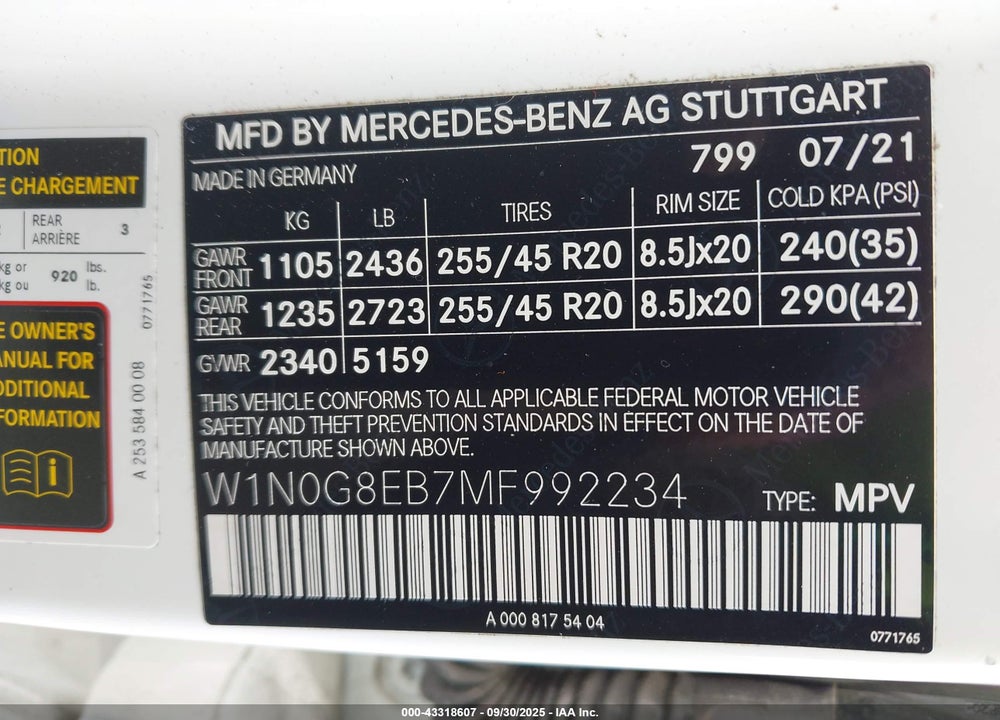2021 MERCEDES-BENZ GLC CLASS VIN: W1N0G8EB7MF992234