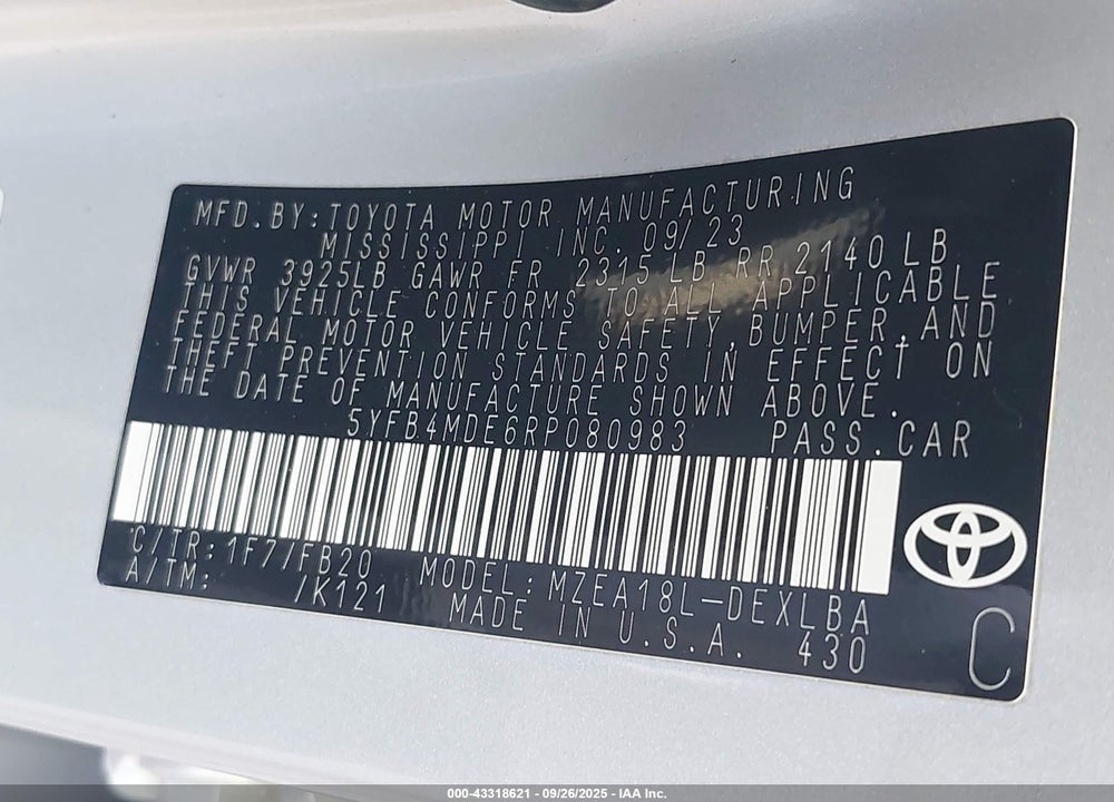 2024 TOYOTA COROLLA VIN: 5YFB4MDE6RP080983