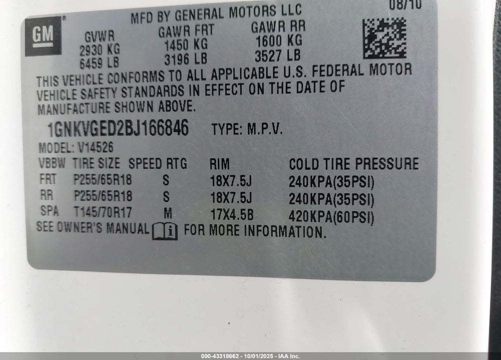2011 CHEVROLET TRAVERSE VIN: 1GNKVGED2BJ166846