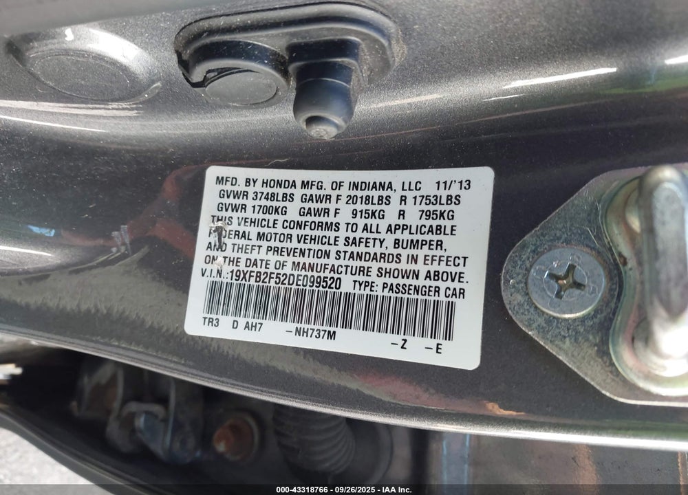 2013 HONDA CIVIC VIN: 19XFB2F52DE099520