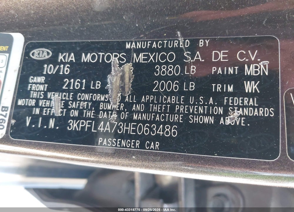 2017 KIA FORTE VIN: 3KPFL4A73HE063486