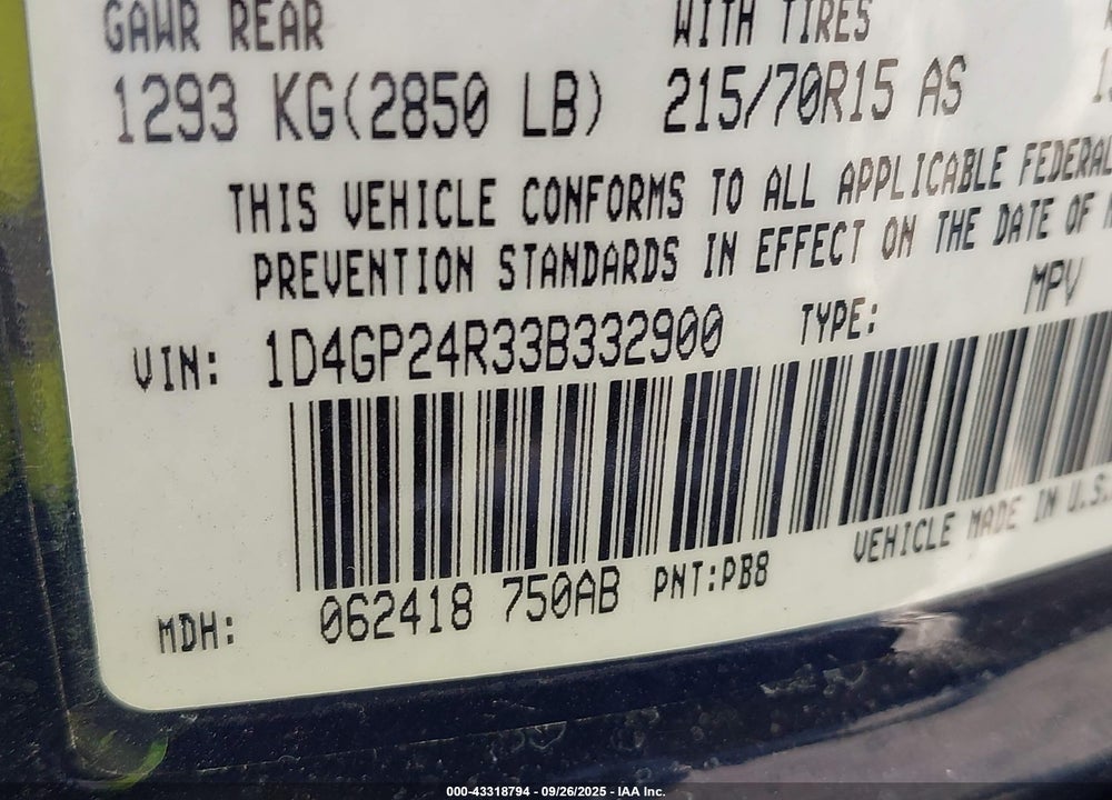 2003 DODGE GRAND CARAVAN SE VIN: 1D4GP24R33B332900