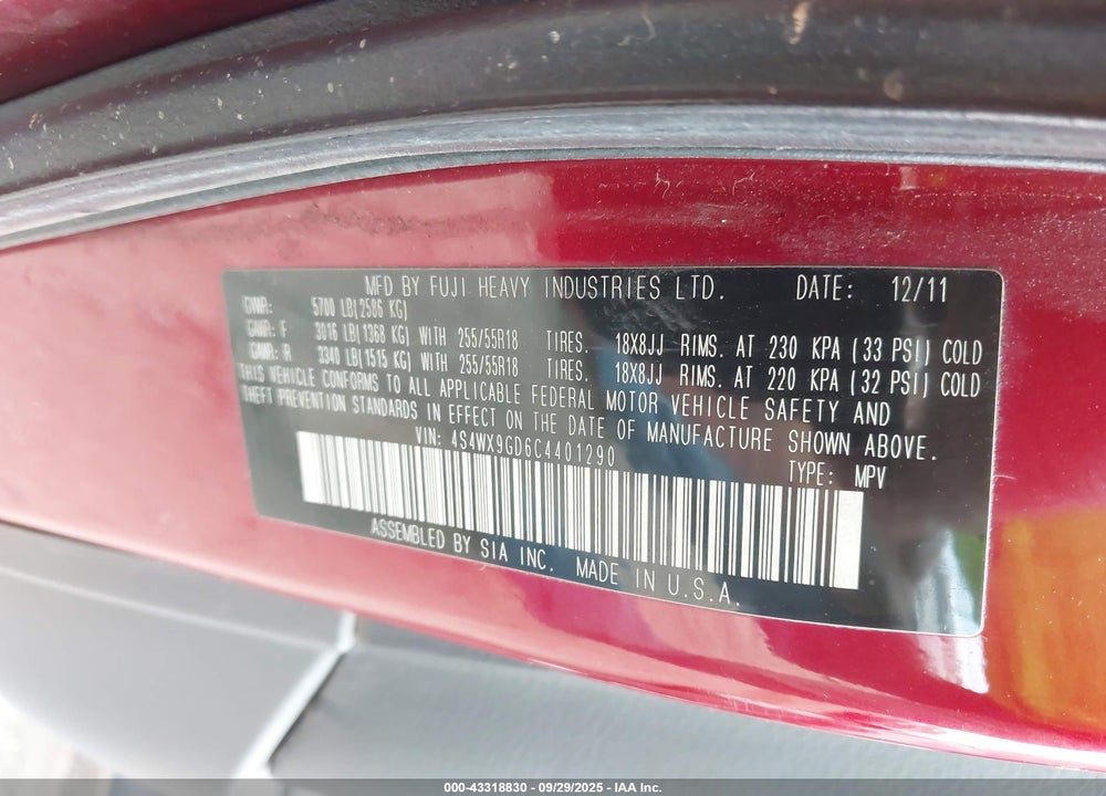 2012 SUBARU TRIBECA VIN: 4S4WX9GD6C4401290