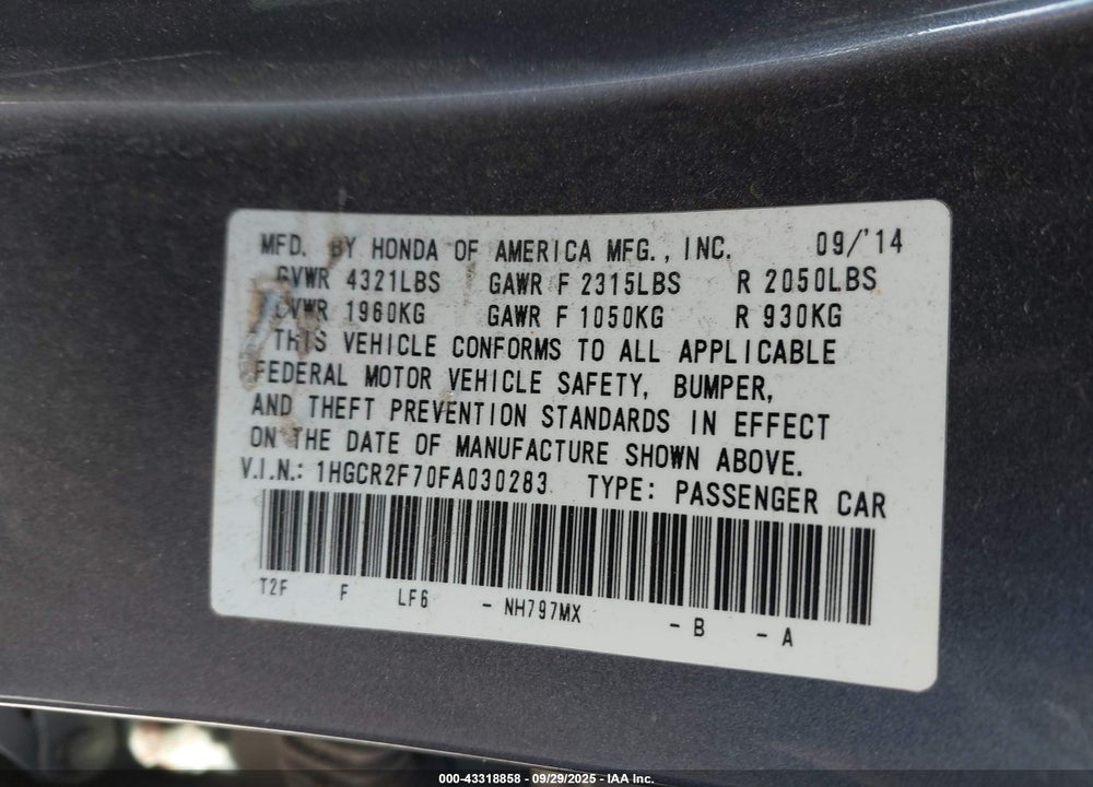 2015 HONDA ACCORD VIN: 1HGCR2F70FA030283