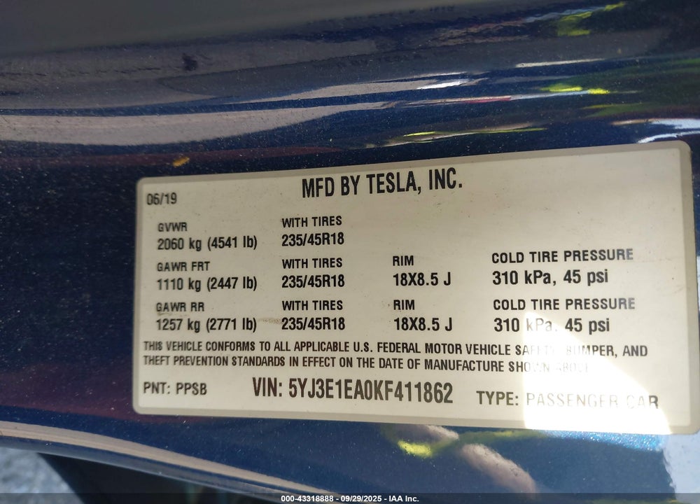 2019 TESLA MODEL 3 LONG RANGE/MID RANGE/STANDARD RANGE/STANDARD RANGE PLUS VIN: 5YJ3E1EA0KF411862