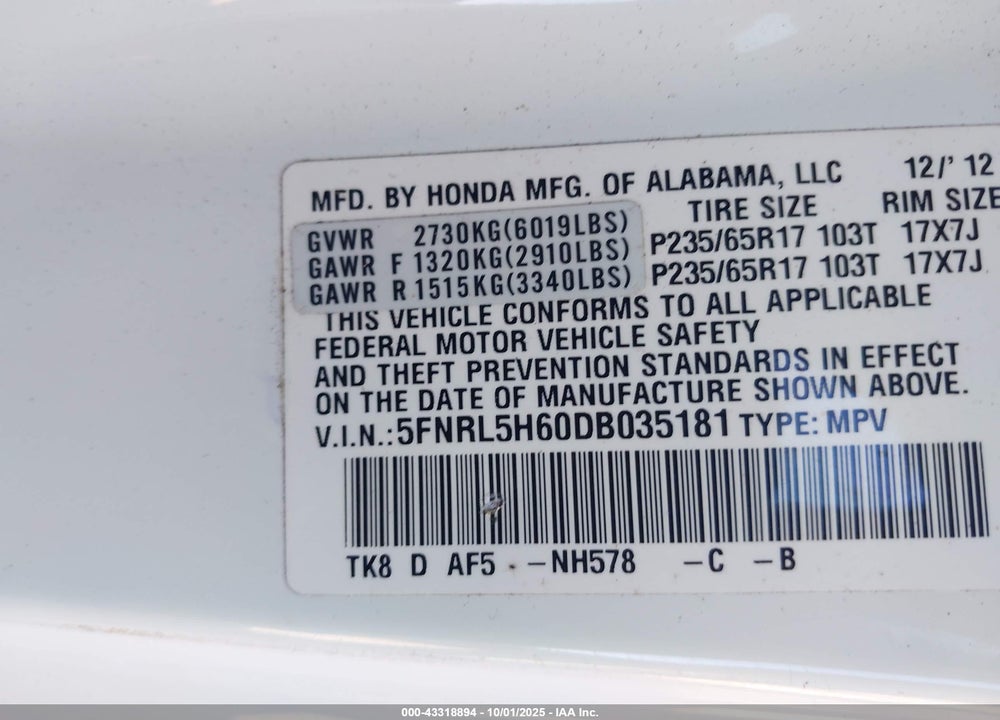 2013 HONDA ODYSSEY VIN: 5FNRL5H60DB035181