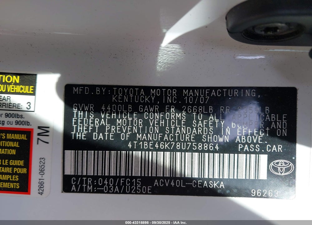 2008 TOYOTA CAMRY VIN: 4T1BE46K78U758864